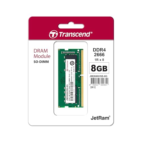 Image of Transcend 8GB DDR4 2666 Laptop Memory, JetRam, DRAM Chips - up to 21GB /s - 1.2V, 260 pin, 1Rx8, CL19, DIMM Type - Unbuffered SO-DIMM Memory - JM2666HSB-8G