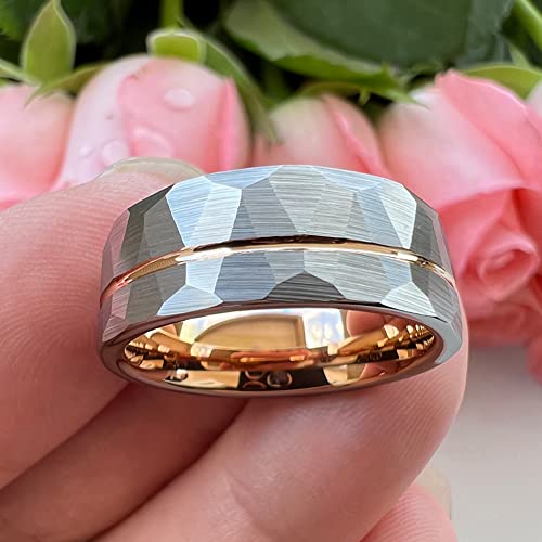 8mm Silver/Black/Gold/Rose Gold Hammered Tungsten Rings for Men Women Fashion Jewelry Engagement Wedding Bands Offset Line Matte Finish Comfort Fit3