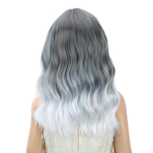 Image of PATTNIUM Gray Ombre White Short Curly Wavy Wigs for Girls Kids | Grey Side Part Shoulder Length Wig Halloween Cosplay Costume Party Wigs