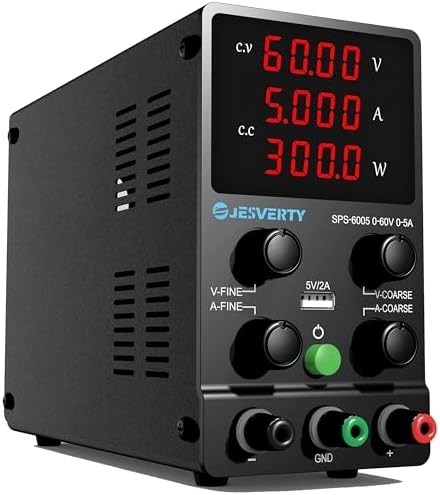 Zmienny zasilacz prądu stałego, 60V 5A Regulowany przełącznik Liniowy zasilacz liniowy DC z 4-cyfrowym wyświetlaczem LED o wysokiej precyzji, portem USB 5V / 2A, regulacją zgrubną i precyzyjną