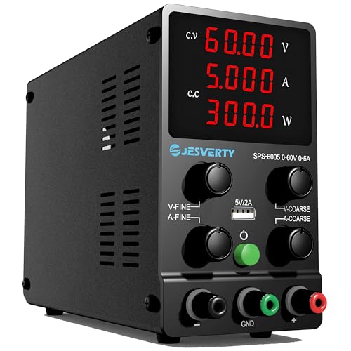 Jesverty DC Power Supply Variable, 0-60V 0-5A Adjustable Switching DC Regulated Bench Power Supply with High Precision 4-Digit LED Display, 5V/2A USB Port, Coarse and Fine Adjustment SPS-6005