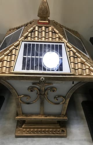 Image of Sanleen Solar LED Antique Gate Light - 15 Inch Waterproof Outdoor Garden Lamp, Golden Decorative Solar Pillar Light for Gate, Lawn, Terrace, Pathway & Outdoor Garden Decor