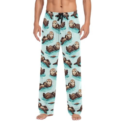 Men’s Cute Sea Otters Pajama Pants with Pockets, Comfortable Lounge Sleep Bottoms#355