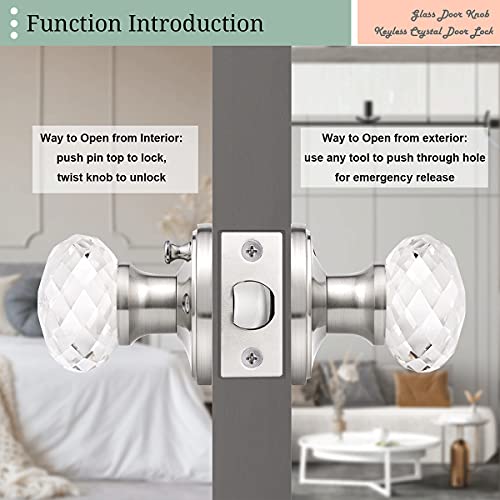 Nizado Clear Crystal Glass Door Knobs Diamond Shape,Privacy Door Handle Brushed Nickel,Bedroom/Bathroom Door Lock Interior #TOP5