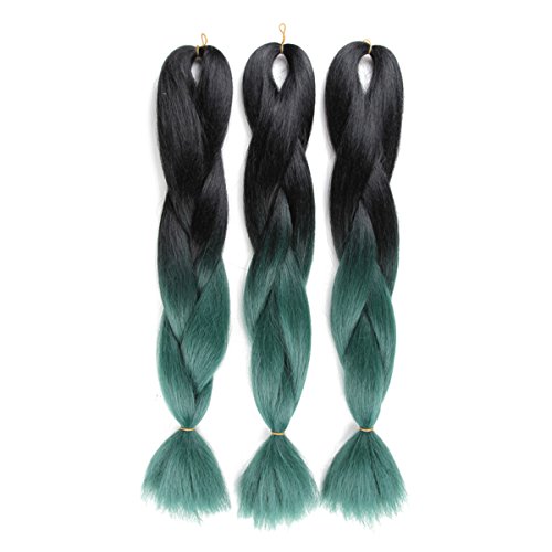 Ombre Jumbo Braid Hair Extension High Temperature Fiber 3pcs/Lot 100g/pc for Twist Braiding Hair(Black to Dark Green) …