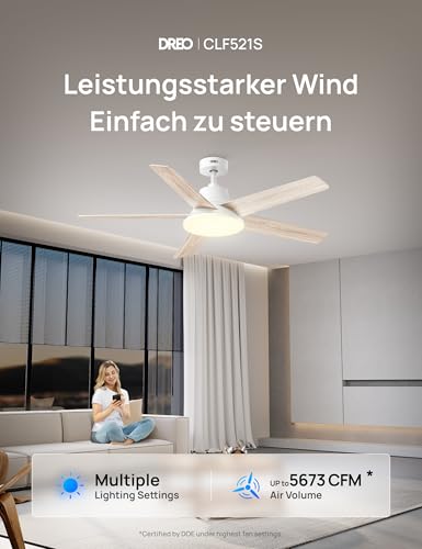 DREO Smart Deckenventilator mit Licht, 132 cm, 12 Geschwindigkeiten, 3 Modi, stufenlos dimmbares LED-Beleuchtung, leiser DC-Motor, 12H-Timer, Fernbedienung/APP/Alexa, für Innenräume, Weiß