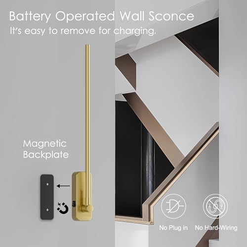 Image of Aipsun Battery Operated Wall Sconces,Wireless Wall Light with Remote Control Rechargeable Gold Battery Wall Sconce 350Rotate,Dimmable LED Wall Lights for Living Room,Bedroom (3000K&4000K&6000K)