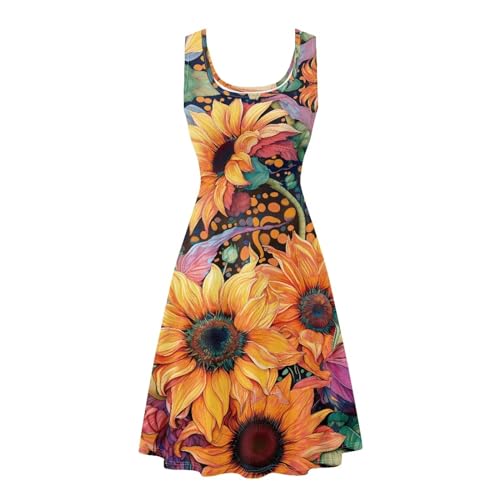 Image of Big Sunflower Women's Summer Midi Dress Slim Fit Sundresses Casual Loose Sleeveless Summer Dress Swing A-Line Tank Dress, Medium