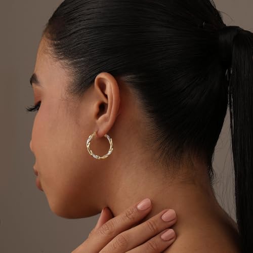 LeCalla Real 925 Sterling Silver Textured Two-Tone Three-Tone 14K Gold Plated Lightweight Italian Design Hoop Earrings for Women Diameter 25,30,40,45,50mm2