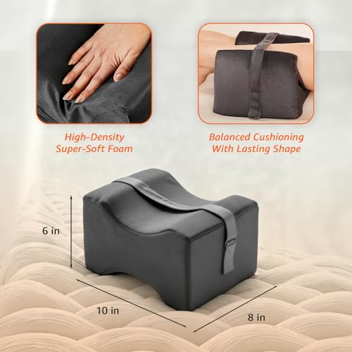 Image of amazon basics Memory Foam Knee Pillow for Side Sleeping | Adjustable Strap | Contoured Leg Elevation Aid | Soft Cushion for Side Sleepers - Dark Grey