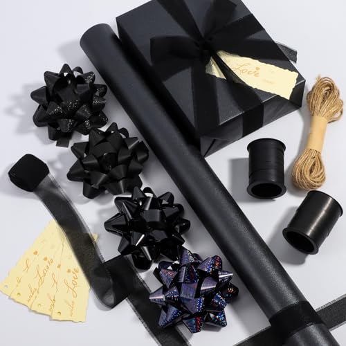 DYSHIPEN 17 Wrapping Paper Rolls with Gift Bows Crimped Curling Ribbons Silk Like Satin Ribbon and Gift Tags For Christmas Gift Wrapping Birthday Baby Shower Wedding(16.4 Ft). (Black 17 Inch)