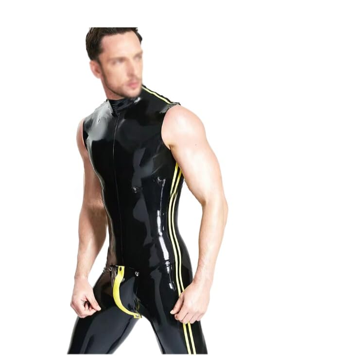Latex Bodysuit Männlich Neuheit Codpiece Catsuit Cosplay Club Tragen Overall W Schulter Reiß Verschluss Schwarz W Gelb Trim