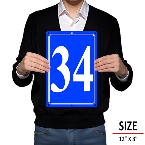 Image of Premium Aluminum Number Signs 34, Metal 12 inch X 8 inch Blue Numbered Signs Outdoor for Parking Lots, Floor, Dock, Court, Aisle, Field, High Visibility, No Fade, Weather-resistant