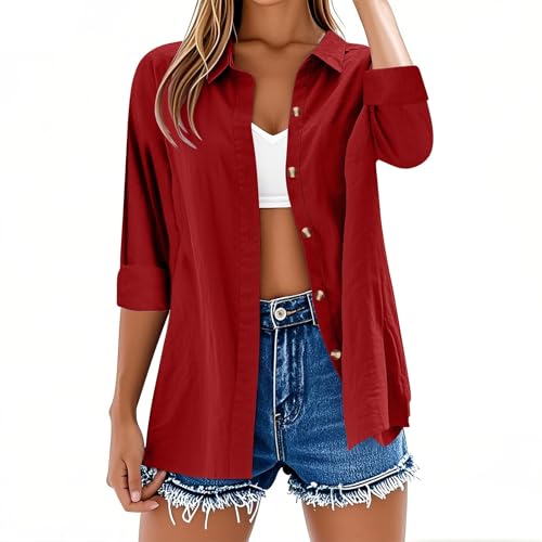 Camisetas de manga larga para mujer, estilo casual, con botones, de lino y algodón, manga enrollable, color liso, talla grande, holgada, a la moda, cuello en V, camisetas de gran tamaño, ligero