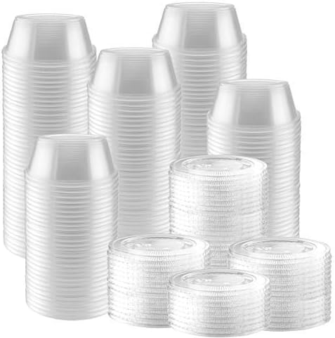 100-Pack of 2 Ounce Clear Plastic Jello Shot Cup Containers with Snap on Leak-Proof Lids -Jello Shooter Shot Cups -Compact Food Storage for Portion Control, 2 oz,Sauces, Liquid, Dips
