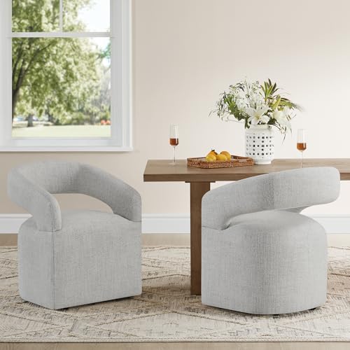 Image of KISLOT Upholstered Dining Chairs Set of 1, Modern Rolling Dining Chairs with Hidden Casters, Arm Kitchen Chairs with Linen Look Fabric, Padded Barrel Chairs for Dining Room, Kitchen, Light Gray