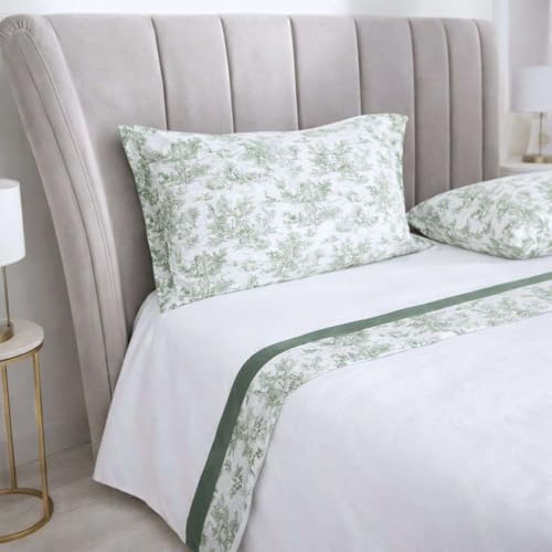 RICAMI FIORENTINI BALDI Parure de lit 100 % coton avec volant Toile de Jouy. Produit artisanal. Dimensions modifiables. (carré et demi italien, vert clair)