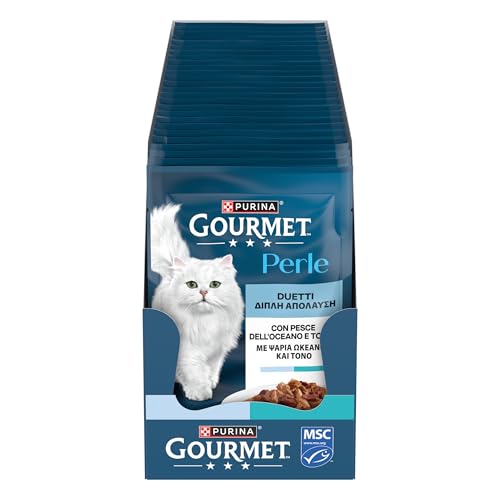 GOURMET Perle Duetti Cibo Umido per Gatti Adulti Filettini in salsa con Pesce Dell'Oceano e Tonno 26 Buste da 85g