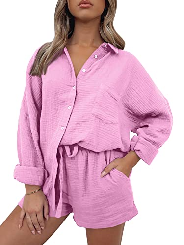 Automet 2 Piece Outfits For Women Pink Lounge Sets Pajama Long Sleeve Button Down Oversized Shirts And Shorts Fall Tracksuit 2023 Fashion Preppy Clothes #TOP29