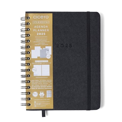 Agenda Planner Wire-O 2025 Clássica Semanal Notas C/Divisórias A5 Preta, Cicero