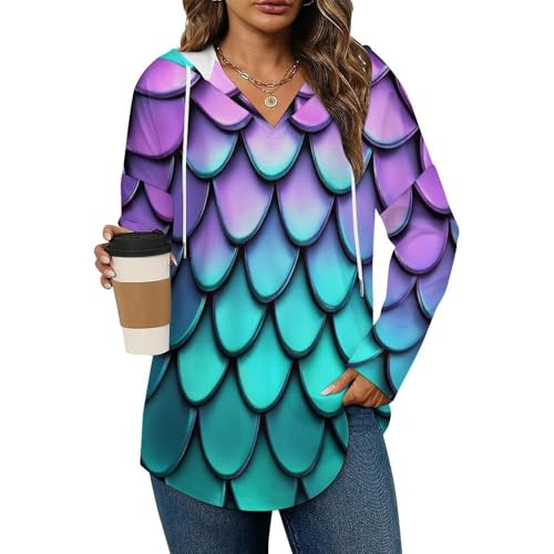 Womens Bodysuit Pullover Shirts Tops Long Sleeve Hoodie Purple Turquoise Sparkling Mermaid Scales Pattern Tshirt, S-3XL