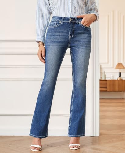 ZRP Women's Mid-Waist Flared Jeans, Embroidered Feather & Rhinestone Back Pockets, Plus Size2