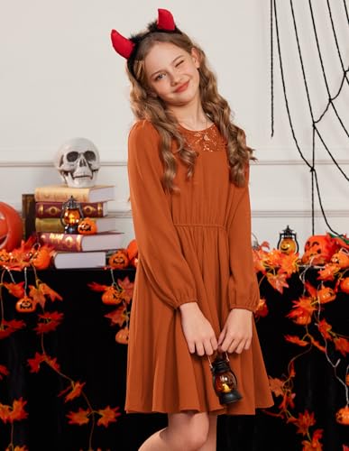 GRACE KARIN Girls Fall Dress Long Sleeve Midi with Lace Panels Twirl Skirt Elastic Waist for Holiday Party 6-14Y4