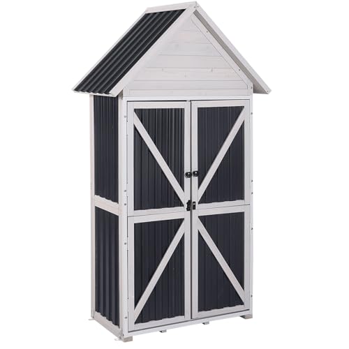 GUTINNEEN Outdoor Storage Cabinet Wood & Metal Frame Garden Storage Shed with Waterproof Plastic Roof Adjustable Shelves Raised Base Weather-Resistant Tool Shed for Backyard Patio & Lawn 67.5H