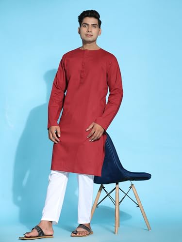 Image of Amazon Brand - Anarva Men's Cotton Solid Round Neck Kurta Long Sleeves Straight Knee Length Casual Shirt
