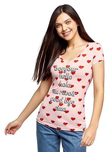 oodji Collection Damen Bedrucktes T-Shirt mit V-Ausschnitt, Rosa, DE 40 / EU 42 / L Cover