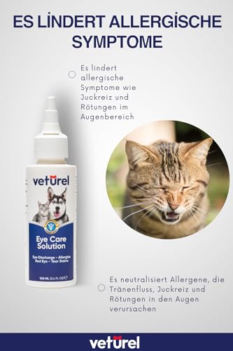 Veturel Augenpflege-Lösung für Katzen und Hunde | 100 ml Beruhigt Augeninfektionsallergie, lindert trockene Augen, rosa Augen, Tränenfleckenentferner Tropfen für Hunde | Kätzchen- und Welpenpflege
