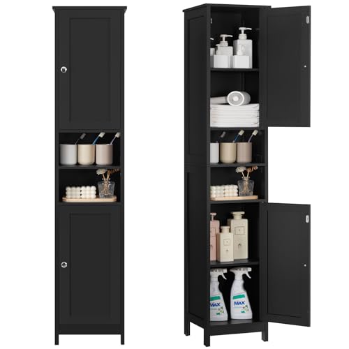 Image of TEENFON 67 inch Tall Bathroom Cabinet with Adjustable Shelves and Doors | Narrow Bathroom Storage Cabinet for Small Space, Living Room, Entryway, Kitchen, Black
