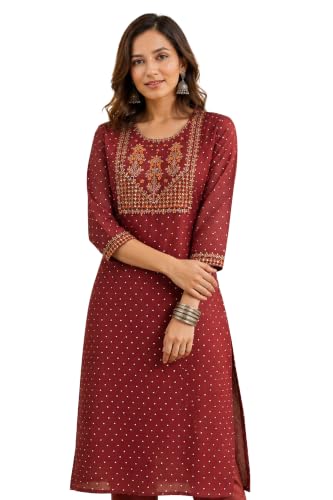 Image of MIRCHI FASHION Women's Straight Fit Rayon Sequins Embroidered and Polka Dots Printed Kurti Only