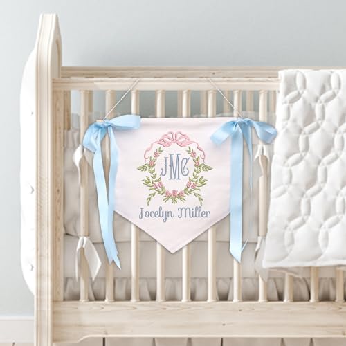 Mondily Custom Baby Banner with Embroidered Monogrammed Name, Welcome Banner, Hospital Door Sign, Baby Shower with Bows, Baby Crib Hanging Pennant Flag, Baby Room Front Door Sign, Nursery Wall Décor