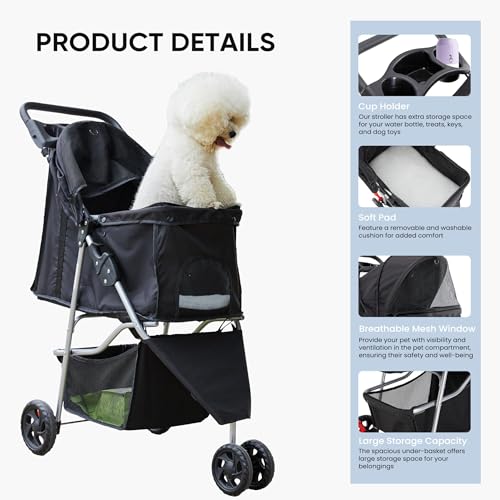 Image of NEWBULIG Pet Stroller for Dogs, Cats Stroller with 3 Wheel, Foldable, Lightweight and Durable, Ideal for Small to Medium Pets, Includes Storage Basket and Cup Holders, Black
