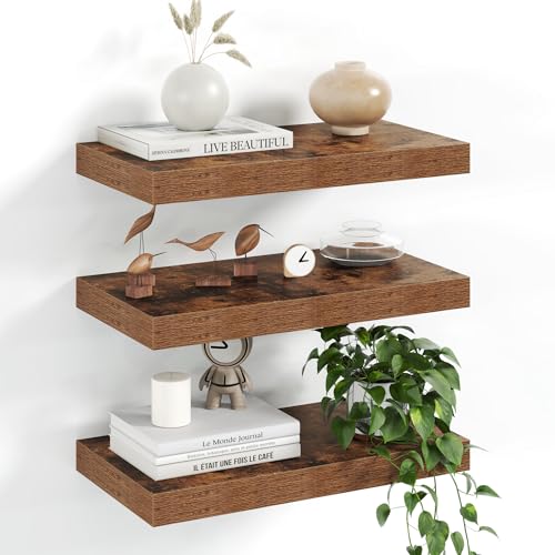 Image of Fun Memories 16Inch Floating Shelves for Wall, 8 Inch Deep Shelves for Bathroom|Bedroom|Kitchen Wall Mounted, Wood Hanging Shelf with Invisible Brackets for Home Storage Decor, Rustic Brown - 2 Pack