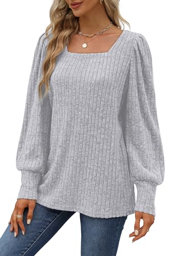 Image of WIHOLL Long Sleeve Shirts for Women Trendy Casual Square Neck Tops Lightweight Sweaters