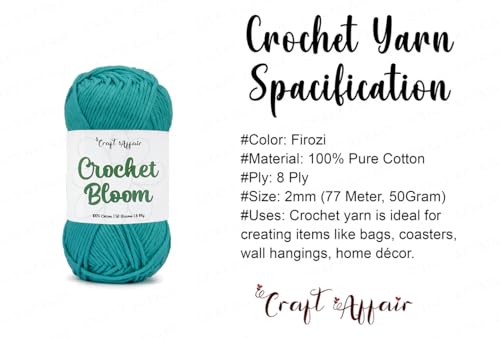 Image of Craft Affair | Crochet Bloom Cotton Yarn 8ply (2mm, 77Meter, 50Gram) 100% Pure Cotton | Knitting Yarn | for Embroidery, Craft & DIY Project: Firozi