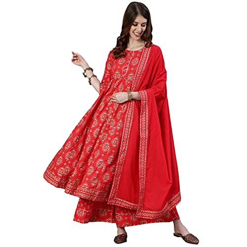 Image of ishin Women's Pure Cotton Red Embroidered Gotta Patti Anarkali Kurta set With Trouser and Dupatta