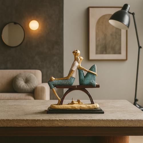Image of Xtore Modern Artistic Couple on Bench Figurine | Resin Home Decor Accent | Unique Art Piece for Living Room, Office, or Shelf | Elegant and Whimsical Design - Multi-Color