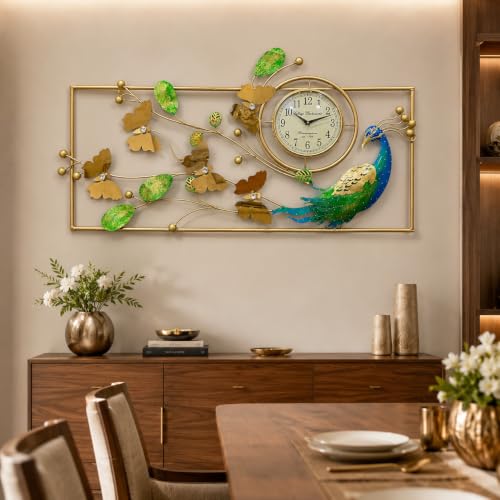Image of Large Metal Multicolor Peacock Leaf Wall Clock Floral Design Handpainted Decorative Wall Art for Living Room Bedroom Office Dining (42 x 22 Inch)