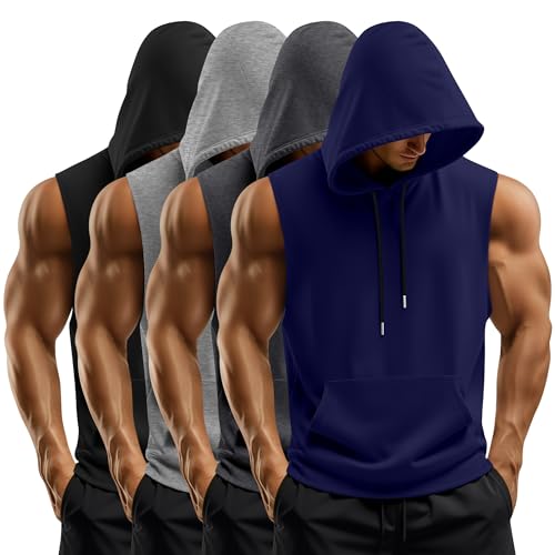 Yearntown 4 Pack Men Workout Hooded Tank Tops Bodybuilding Athletic Muscle Cut Off Hoodies Sleeveless Activewear Gym T-Shirts(Large,Navy Blue, Dark Gray, Light Gray, Black) by Yearntown - Used condition - US$35.28