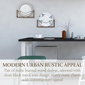 Mygift set of 2 wall mounted collectible plate holders rustic burnt solid wood and black metal wire hanging platter display racks fits 8 to 11 inch plates  urban country home decor