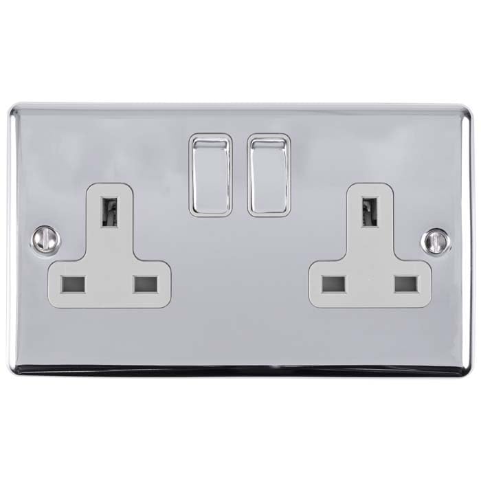 Kooples Hardware Enhance Decorative Socket 1 or 2 Gang Modern Electrical Wall Outlet (Polished Chrome, 2 Gang with White Trim)