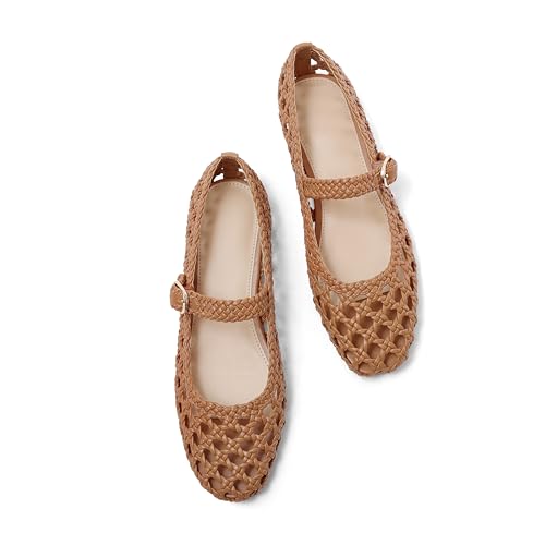 USIMAD Woven Mesh Ballet Flats for Women Square Toe Womens Comfortable Buckle Strap Ballerina Flat Shoes Mesh Dress Flats