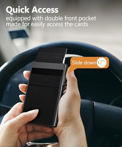 Slim Wallet for Men - Pop up Card Holder with Money Pocket RFID Blocking Minimalist Business Credit Card Wallet Metal Card Case for Notes and Coins and Debit Cards (BLACK)2