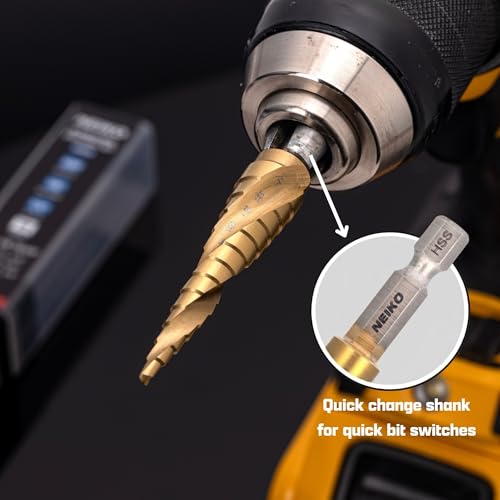 Image of NEIKO 10602A Step Drill Bit, 13 Steps 1 /8 inch to 1 /2 inch Spiral High Speed Steel, Titanium Nitride Coated, 1 /4 inch Quick Change Step Bits for Steel, Metal, Wood, Plastic, Unibit Cone Drill Bits, Two Flute