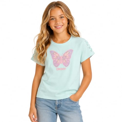 Image of DKNY Girls Shirts - Lightweight Cotton Blend Short Sleeve Crewneck Graphic Tee Cute Tops - Casual Trendy Girls Summer Clothes
