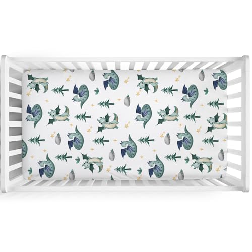 Image of Cartoon Fairy Tale Dragon Trees Stars Baby Crib Sheets 52''x28'' Watercolor Dragons Stretchy Fitted Crib Mattress Cover for Boy Girl Soft Bed Sheet for Standard Crib and Toddler Mattress