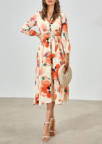 PRETTYGARDEN Women's Floral Midi Dress Casual Fall V Neck Long Sleeve Flowy Spring Beach Wedding Guest Vacation Dresses
